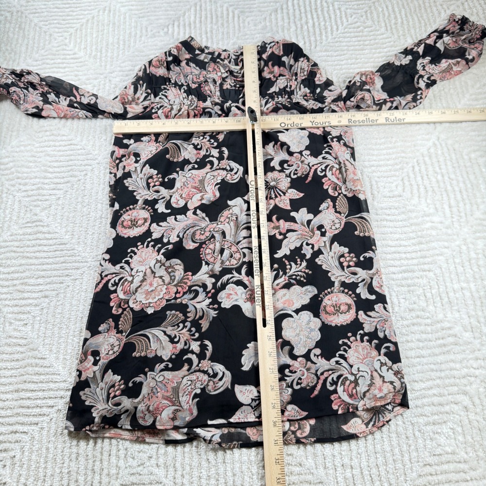 LOFT Dress Petite XXS Black Pink Floral Print Boho Sheer Sleeve Mini Brunch Date - Picture 5 of 12